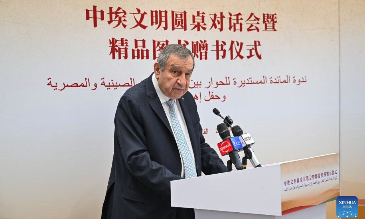 Essam Sharaf, former Egyptian prime minister, addresses a China-Egypt civilization roundtable dialogue and a book donation ceremony in Giza, Egypt, Sept. 30, 2026. (Xinhua/Xin Mengchen)