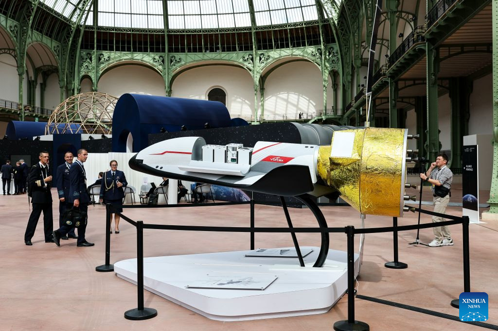 An exhibit is seen during the International Space Summit at the Grand Palais in Paris, France, Sept. 9, 2026. The first International Space Summit opened Wednesday in Paris, bringing together heads of state and government, scientists, astronauts and industry representatives. (Xinhua/Wu Huiwo)