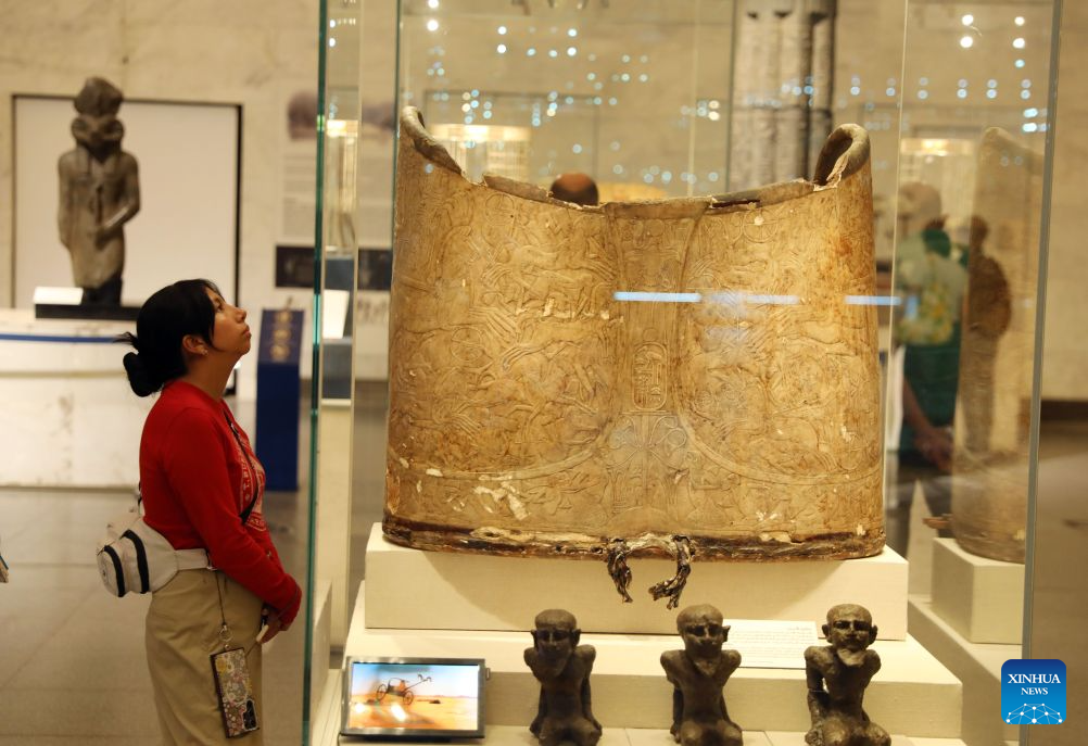 A tourist views an exhibit at the National Museum of Egyptian Civilization on the occasion of World Tourism Day in Cairo, Egypt, on Sept. 27, 2026. (Xinhua/Ahmed Gomaa)