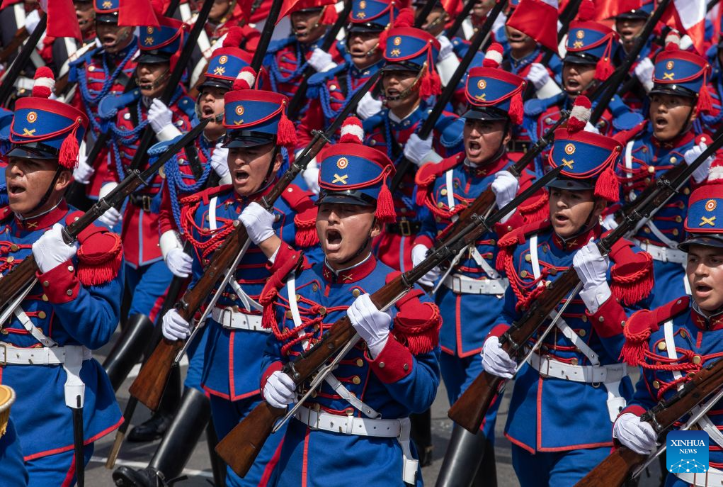 Soldiers participate in a parade to commemorate the 205th anniversary of Peru's independence in Lima, Peru, July 29, 2026. (Photo by Mariana Bazo/Xinhua)