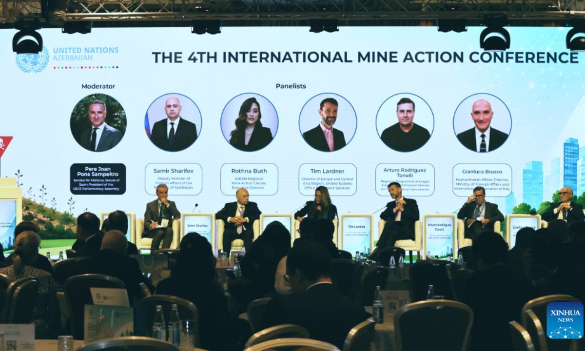 Photo taken on Sept. 2, 2026 shows the scene of a side session of the 4th International Mine Action Conference in Baku, Azerbaijan. The 4th International Mine Action Conference opened in Baku on Wednesday, bringing together more than 400 representatives from 60 countries to discuss how humanitarian demining can support safe urban recovery. (Xinhua/Chen Junfeng)