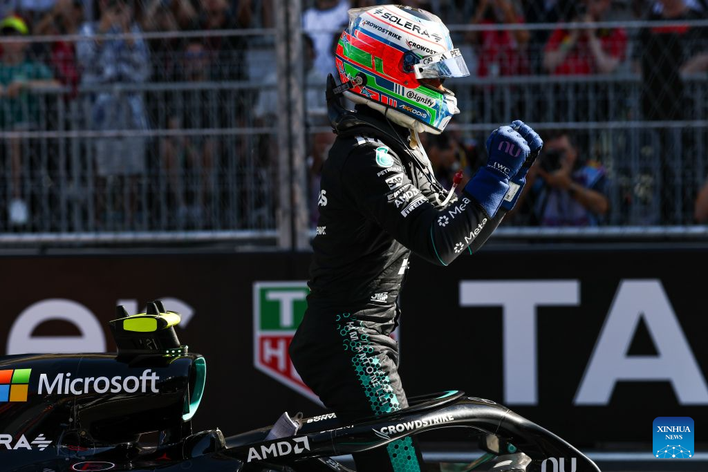 Mercedes' Kimi Antonelli of Italy celebrates after the Formula 1 Spanish Grand Prix Race at Madring Circuit, Madrid, Spain, Sept. 13, 2026. (Photo by Qian Jun/Xinhua)