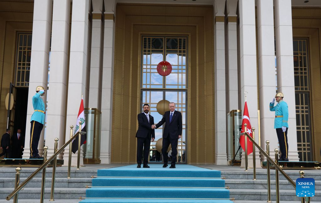 Turkish President Recep Tayyip Erdogan (R) shakes hands with Iraqi Prime Minister Ali al-Zaidi at the Presidential Palace in Ankara, Türkiye, on July 28, 2026. Al-Zaidi and Erdogan agreed on Tuesday to bolster strategic cooperation across multiple sectors and accelerate the implementation of the strategic Development Road Project, following a joint press conference during al-Zaidi's official visit to Ankara. (Mustafa Kaya/Handout via Xinhua)