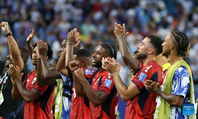 Players of Cape Verde celebrate after the group H match between Uruguay and Cape Verde at the 2026 FIFA World Cup at Miami Stadium, Miami, the United States, June 21, 2026. (Xinhua/Zhang Chen)