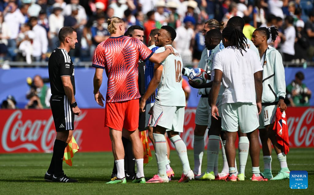 Kylian Mbappe (4th L) of France greets Erling Haaland (2nd L) of Norway after the group I match between Norway and France at the 2026 FIFA World Cup at Boston Stadium in Boston, the United States, June 26, 2026. (Xinhua/Chen Yichen)