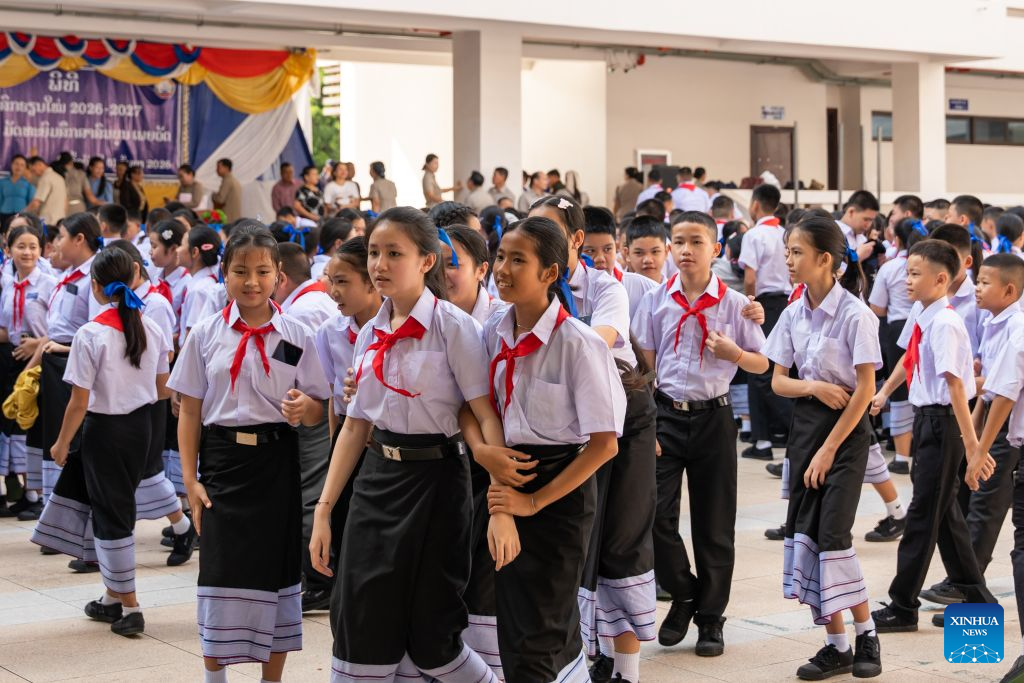 Students attend school on the first day of the new semester in Vientiane, Laos, Sept. 1, 2026. (Photo by Kaikeo Saiyasane/Xinhua)