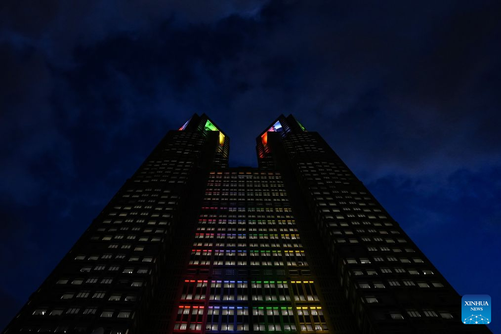 Tokyo Metropolitan Government is illuminated in colors for 2026 Aichi-Nagoya Asian Games to mark one month before the Games in Tokyo, Japan on Aug. 19, 2026. (Xinhua/Jia Haocheng)
