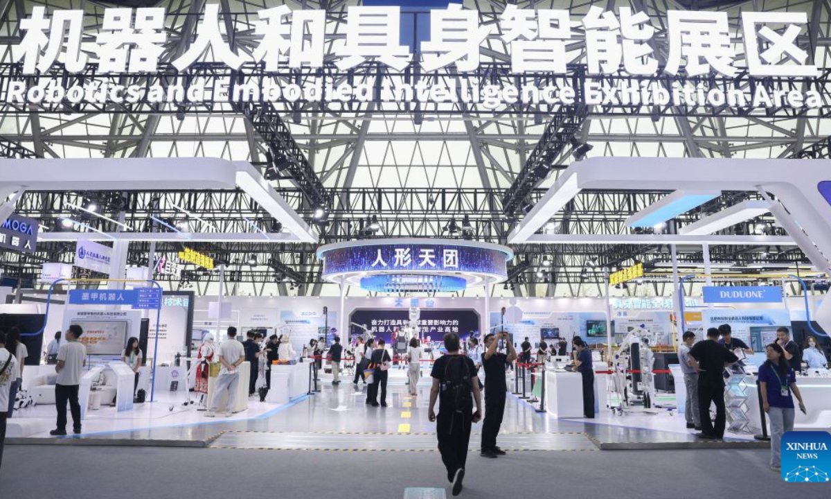 This photo taken on Sept. 20, 2026 shows the robotics and embodied intelligence exhibition area at the 2026 World Manufacturing Convention (WMC) in Hefei, east China's Anhui Province. Themed Intelligent Manufacturing For a Better Future, the 2026 WMC kicked off here on Sunday. (Xinhua/Chang Nengjia)