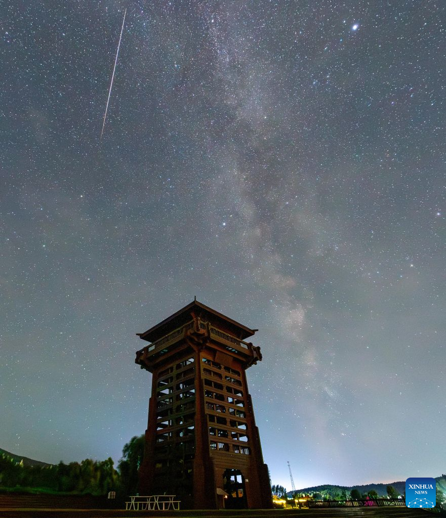 This photo taken on Aug. 11, 2026 shows Perseid meteor shower over the suburb of Jiamusi City, northeast China's Heilongjiang Province. Perseid meteor shower, which peaks on August 12 and 13 this year, is an annual meteor shower that occurs from mid-July to late August. (Photo by Chen Zhiguo/Xinhua)