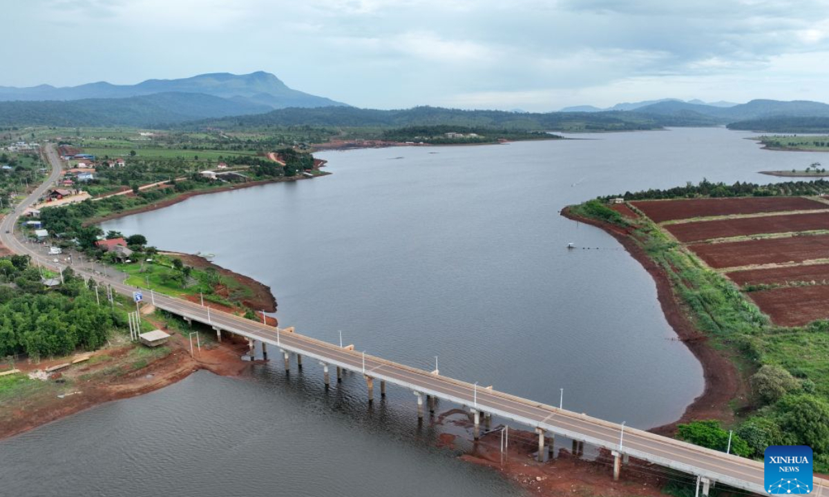 An aerial drone photo taken on June 6, 2025 shows part of the National Road 10 in Pursat province, Cambodia. Cambodia on Thursday officially inaugurated the China-funded National Road 10, a major infrastructure project aimed at boosting regional trade and tourism following more than five years of construction. (Photo by Nitola/Xinhua)