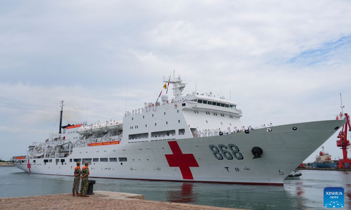 The Chinese People's Liberation Army (PLA) Navy hospital ship, Auspicious Ark, departs from a port in Qingdao, east China's Shandong Province, on July 22, 2026. The Chinese navy hospital ship departed from a port in Qingdao on Wednesday for a humanitarian medical service mission in Africa and South Asia. (Photo by Liu Zaiyao/Xinhua)