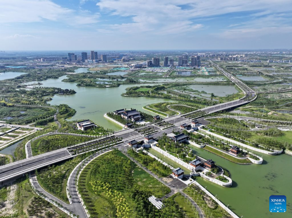 An aerial drone photo taken on Aug. 4, 2026 shows a view of the Nanhe water conservancy hub in Xiong'an New Area, north China's Hebei Province. The Nanhe water conservancy hub in Xiong'an New Area serves as a flood control barrier while also supporting sightseeing and tourism, ecological experiences and inland navigation. (Xinhua/Mu Yu)