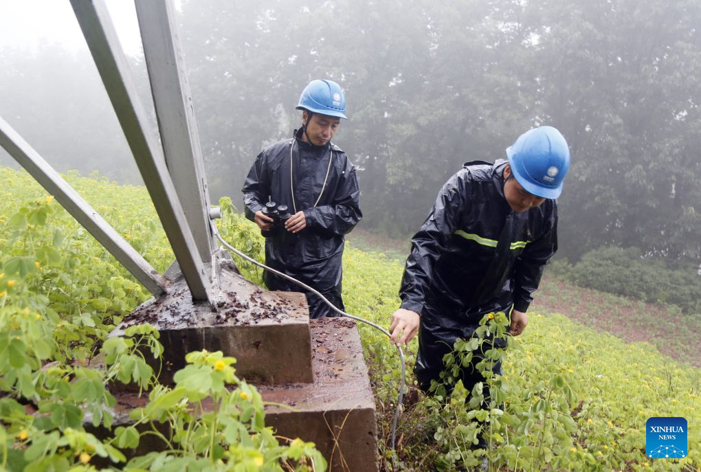 Electricians check the power lines amid rains in Luoyang, central China's Henan Province, Aug. 11, 2026. Torrential rains and flooding caused by Typhoon Dolphin, the 13th typhoon of the year, have swept vast regions in eastern and central China. Local authorities are exerting all efforts to eradicate potential risks and put people's life back to normal. (Photo by Kang Hongjun/Xinhua)