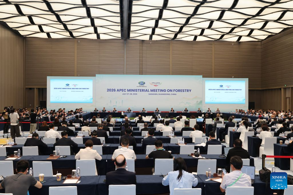 This photo taken on July 28, 2026 shows the opening ceremony of the 2026 APEC Ministerial Meeting on Forestry in Shenzhen, south China's Guangdong Province. The meeting was held in Shenzhen from July 27 to 28. (Xinhua/Liang Xu)