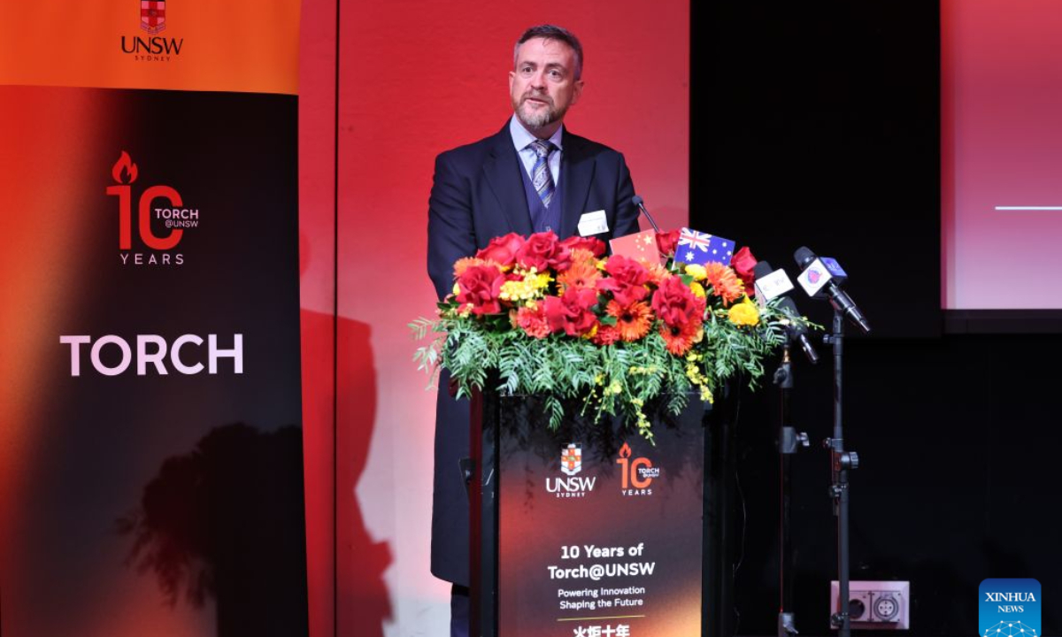 Attila Brungs, vice-chancellor and president of the University of New South Wales (UNSW), speaks at a gala dinner to celebrate the tenth anniversary of Torch Innovation Precinct in Sydney, Australia, Sept. 22, 2026.(Xinhua/Gong Bing)