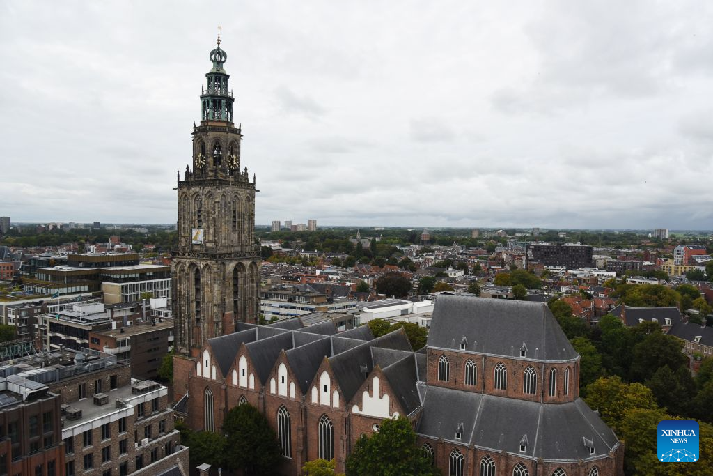 Photo taken on Sept. 13, 2026 shows the Martinitoren in Groningen, the Netherlands. Groningen, the capital of the Dutch province of Groningen, is a historic city in the north of the Netherlands. (Xinhua/Shao Haijun)