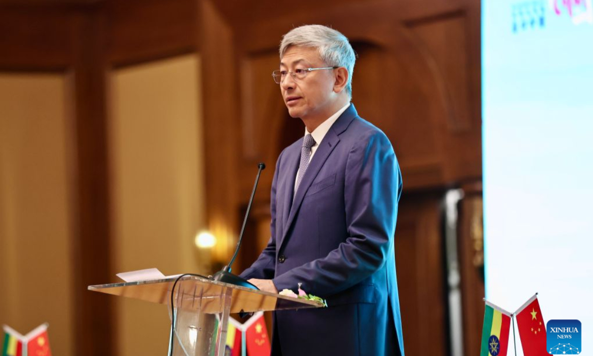 Chen Hai, Chinese ambassador to Ethiopia, speaks at the Big Market for All: Export to China Ethiopia Session in Addis Ababa, Ethiopia, Aug. 19, 2026. China launched the Big Market for All: Export to China Ethiopia Session on Wednesday in Addis Ababa, the capital of Ethiopia, as part of its effort to encourage and expand exports of Ethiopian products to the Chinese market. A total of 33 cooperation deals were signed between companies of the two sides, with a combined contract value of over 330 million U.S. dollars. (Xinhua/Geng Xinning)