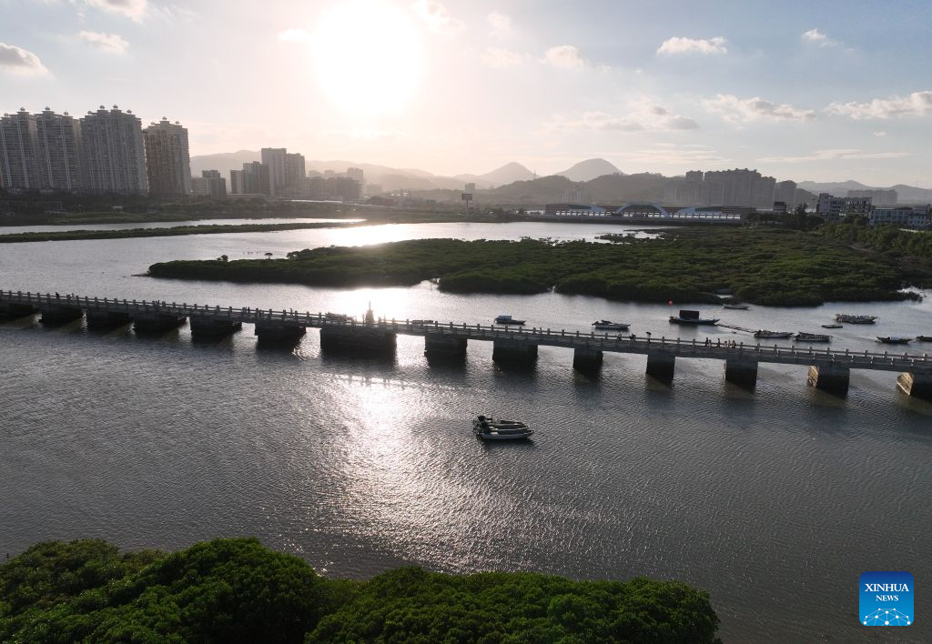 An aerial drone photo taken on Aug. 18, 2026 shows a view of Luoyang Bridge in Quanzhou, southeast China's Fujian Province. Luoyang Bridge, also known as Wan'an Bridge, is a component of the UNESCO World Heritage site Quanzhou: Emporium of the World in Song-Yuan China.
In recent years, Quanzhou has woven cultural heritage into daily life by introducing intangible cultural heritage programs and cultural and creative businesses, attracting more tourists to the area. (Xinhua/Lin Shanchuan)