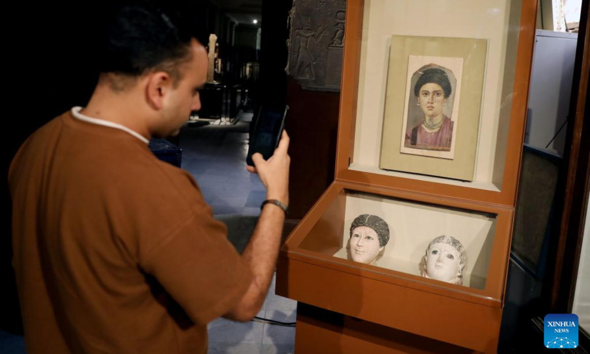Photo taken on Oct. 11, 2026 shows a Fayum portrait which will be displayed at Rome's Ara Pacis Museum, at a press conference in Cairo, Egypt. Egypt has restored the Tondo of the Two Brothers, an ancient Egyptian portrait from the Roman period that will be displayed outside the country for the first time, Egyptian Minister of Tourism and Antiquities Sherif Fathy announced Sunday. Fathy made the announcement at a press conference at the Egyptian Museum in Tahrir, Cairo, where the restored masterpiece was unveiled. It will be displayed at Rome's Ara Pacis Museum as part of the exhibition The Power of the Portrait: Egypt and Rome, Faces of Fayum, running from Nov. 5, 2026, to May 2, 2027. (Xinhua/Ahmed Gomaa)