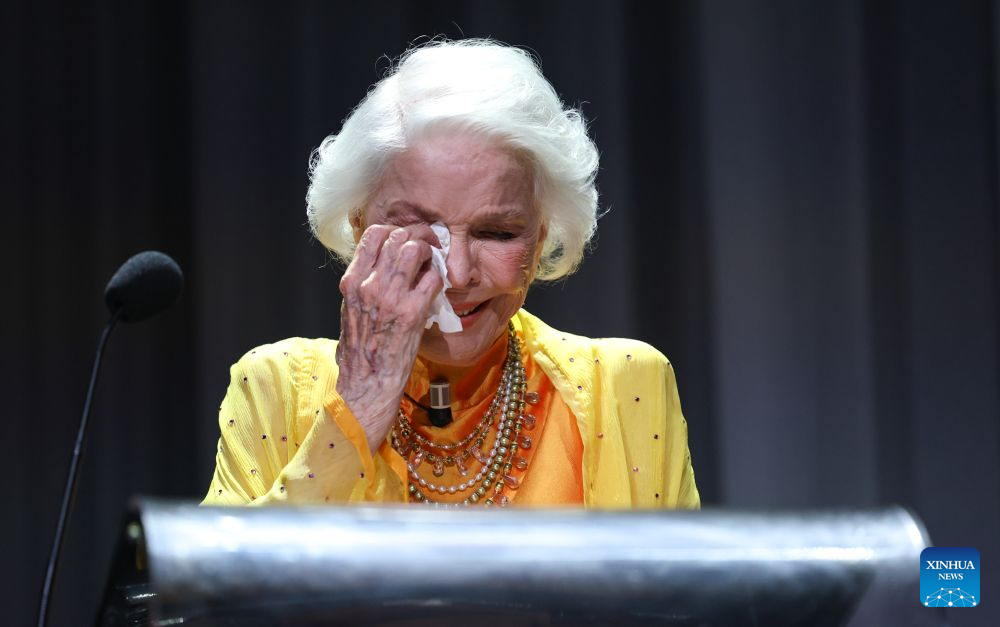 Actress Ellen Burstyn reacts during the awarding ceremony of the Golden Lion for Lifetime Achievement at the 83rd Venice International Film Festival in Venice, Italy, Sept. 7, 2026. (Xinhua/Wang Kaiyan)