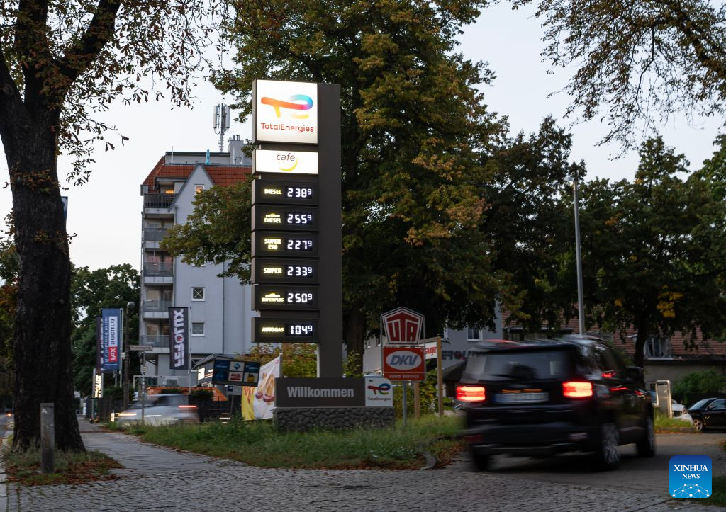 This photo taken on Sept. 15, 2026 shows prices displayed at a gas station in Berlin, Germany. Fuel prices have continued to rise in Germany. (Xinhua/Zhang Haofu)