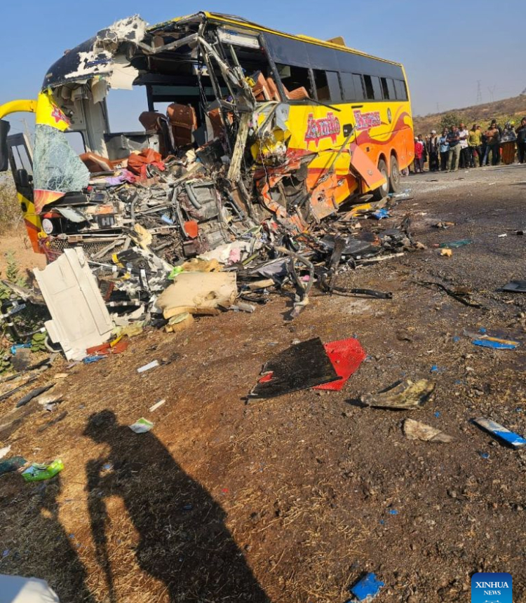 Photo taken on Aug. 2, 2026 shows a bus crash site in Dodoma Region, Tanzania. Eight people were killed and 66 others injured Sunday when two passenger buses collided in central Tanzania's Dodoma Region, authorities said. (Xinhua)