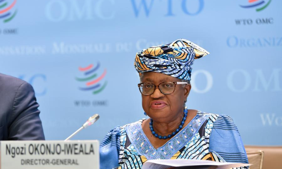 World Trade Organization (WTO) Director-General Ngozi Okonjo-Iweala speaks at a press conference on WTO's latest Global Trade Outlook and Statistics report at its headquarters in Geneva, Switzerland, March 19, 2026. (Xinhua/Lian Yi)