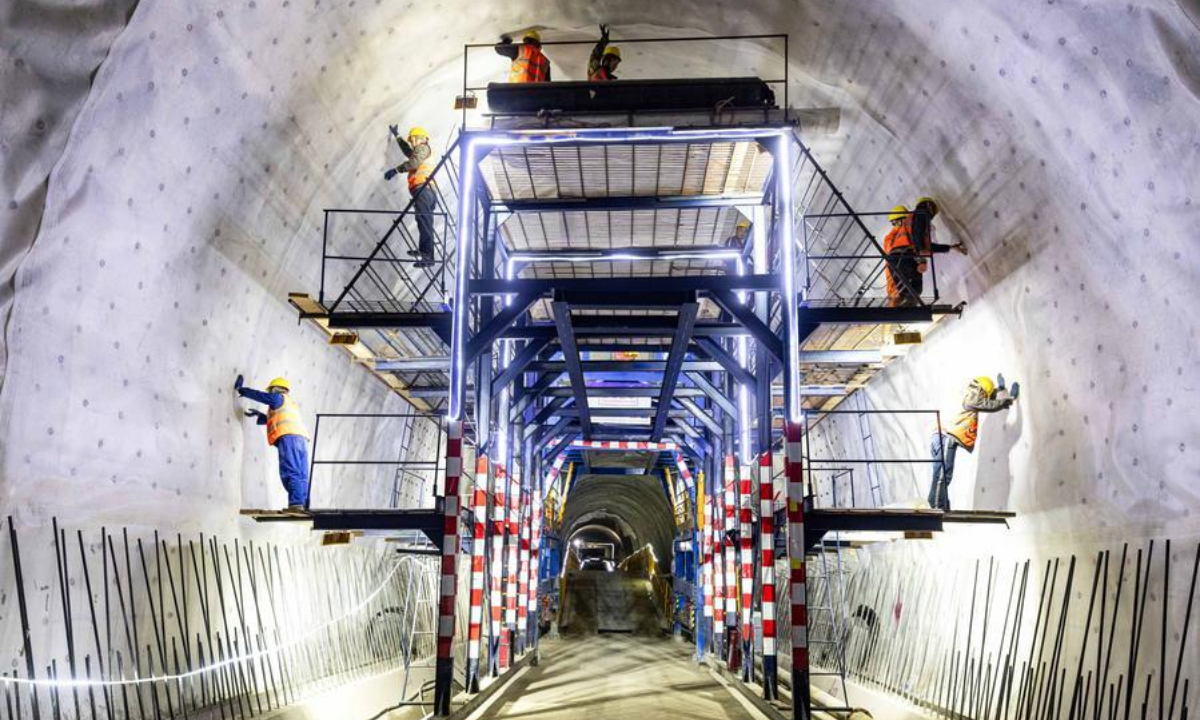 Chinese construction workers are pictured in the Jalalabad tunnel of the China-Kyrgyzstan-Uzbekistan railway in Jalalabad, Kyrgyzstan, Feb. 13, 2026. (Photo by Ren Weiyun/Xinhua)