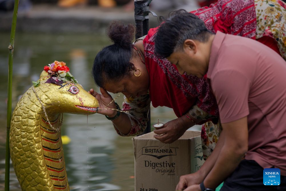 Devotees perform rituals during a celebration of Nag Panchami, a Hindu festival dedicated to the worship of snakes, in Bhaktapur, Nepal, Aug. 17, 2026. (Photo by Sulav Shrestha/Xinhua)