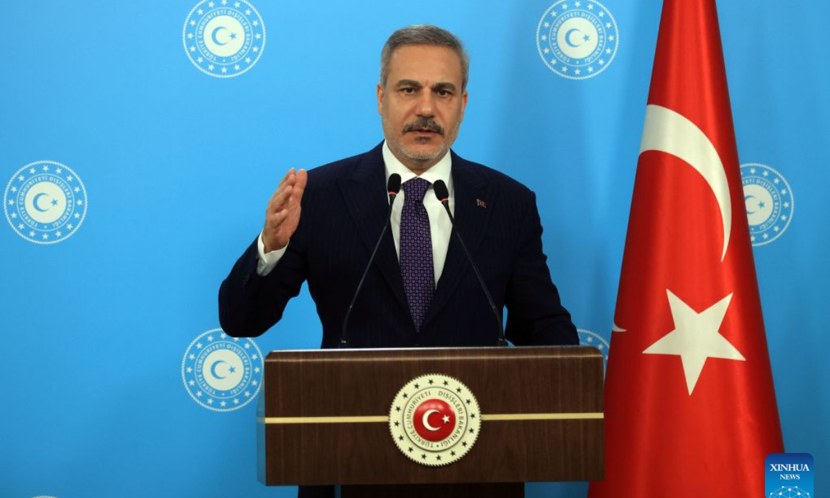 Turkish Foreign Minister Hakan Fidan speaks at a press conference in Ankara, Türkiye, on Oct. 8, 2026. Türkiye will not deploy troops to another country's territory to launch an attack, Turkish Foreign Minister Hakan Fidan said on Thursday, stressing the defensive nature of the Mecca Joint Defense Agreement. (Mustafa Kaya/Handout via Xinhua)