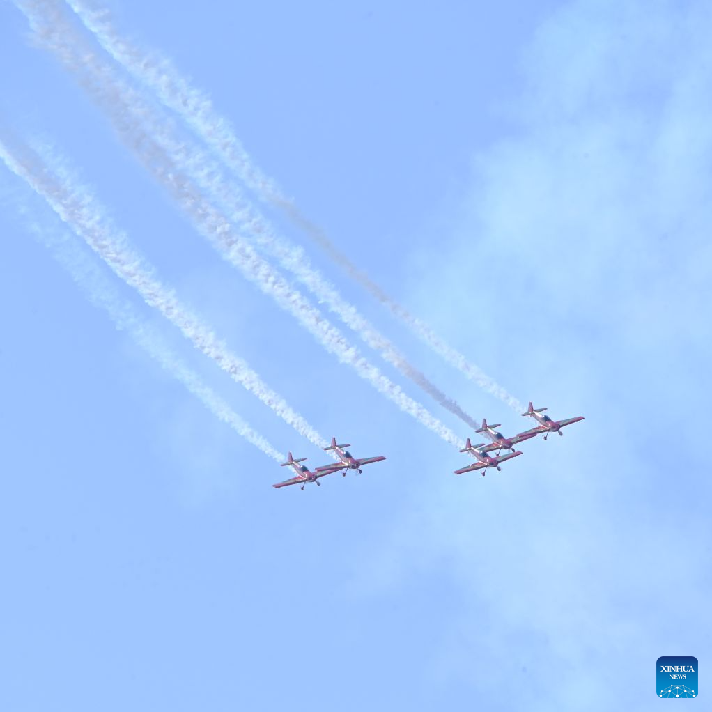 Aircraft are pictured during an aerobatic performance at the Marrakech Air Show 2026 in Marrakech, Morocco, on Oct. 8, 2026. The eighth edition of the Marrakech Air Show is being held at the Marrakech Royal Moroccan Air Force Base from Wednesday to Saturday. More than 200 aerospace and defense companies from 19 countries are participating in the event. (Photo by Aissa/Xinhua)