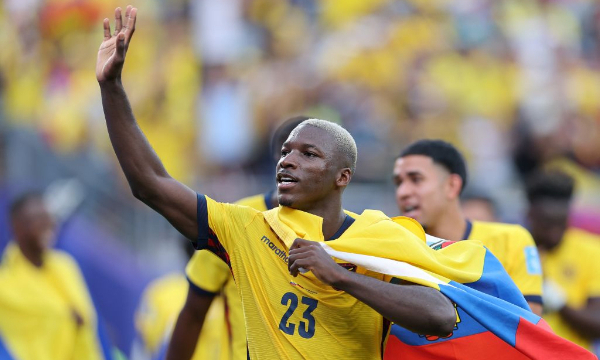 Moises Caicedo of Ecuador celebrates after the group E match between Ecuador and Germany at the 2026 FIFA World Cup at New York New Jersey Stadium in New Jersey, the United States, June 25, 2026. (Xinhua/Cao Can)