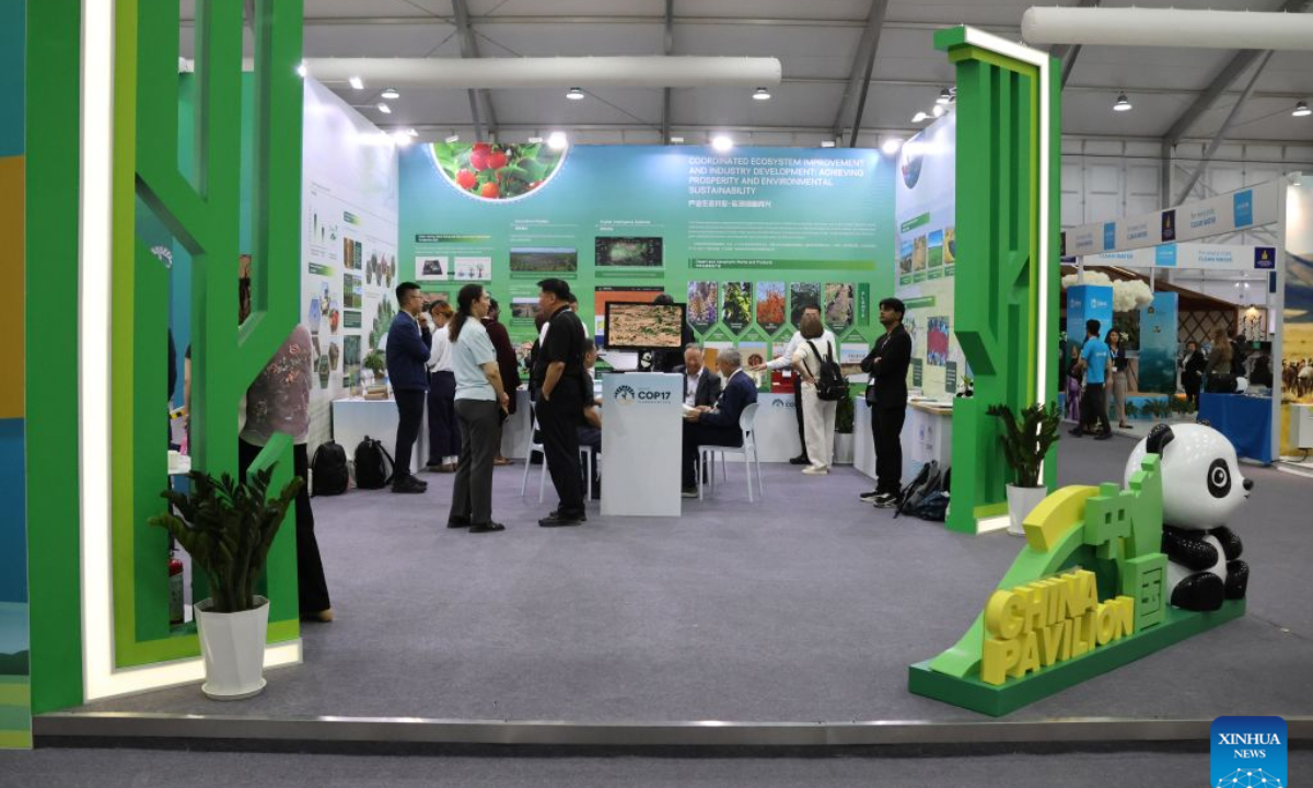 People visit the exhibition area of the China Corner in the Blue Zone of the 17th Session of the Conference of the Parties (COP17) to the United Nations Convention to Combat Desertification (UNCCD) in Ulan Bator, Mongolia, Aug. 17, 2026. The China Corner themed exhibition made its debut on Monday, showcasing China's experience and achievements in combating desertification. (Xinhua/Bolortsetseg)
