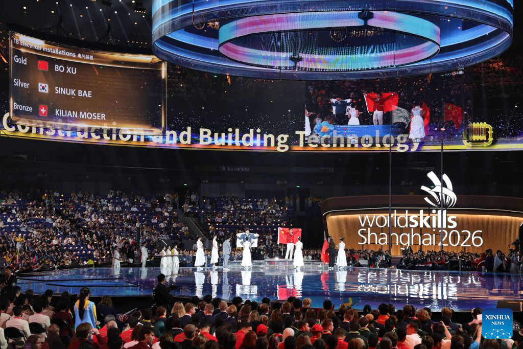 This photo taken on Sept. 27, 2026 shows the awarding ceremony held during the closing ceremony of the 48th WorldSkills Competition in Shanghai, east China. The 48th WorldSkills Competition closed here on Sunday. (Xinhua/Wang Jingqiang)