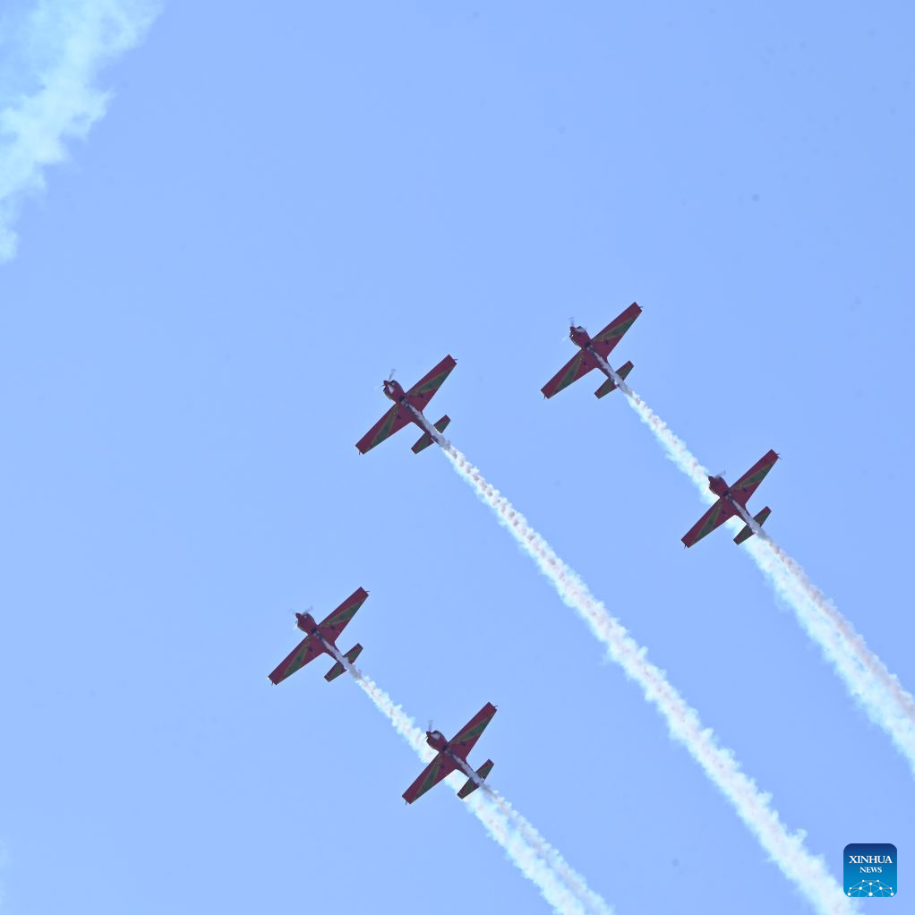 Aircraft are pictured during an aerobatic performance at the Marrakech Air Show 2026 in Marrakech, Morocco, on Oct. 8, 2026. The eighth edition of the Marrakech Air Show is being held at the Marrakech Royal Moroccan Air Force Base from Wednesday to Saturday. More than 200 aerospace and defense companies from 19 countries are participating in the event. (Photo by Aissa/Xinhua)