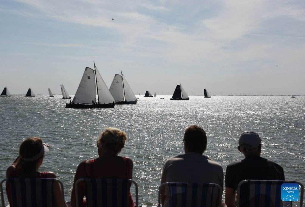 Boats compete during the 2026 Open Frisian Championships (IFKS) in Stavoren, the Netherlands, on Aug. 2, 2026. (Xinhua/Shao Haijun)