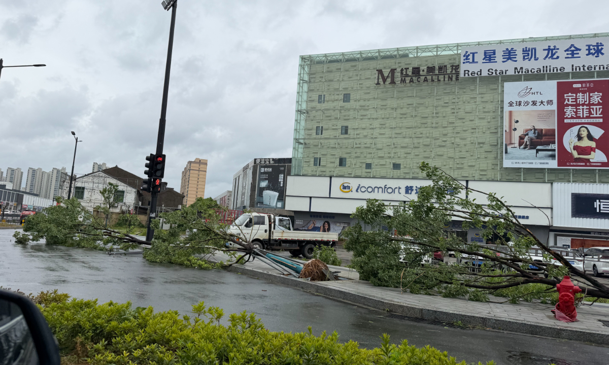 A road in Taizhou, East China's Zhejiang Province, is littered with fallen trees after Typhoon Bavi made landfall, July 12, 2026.