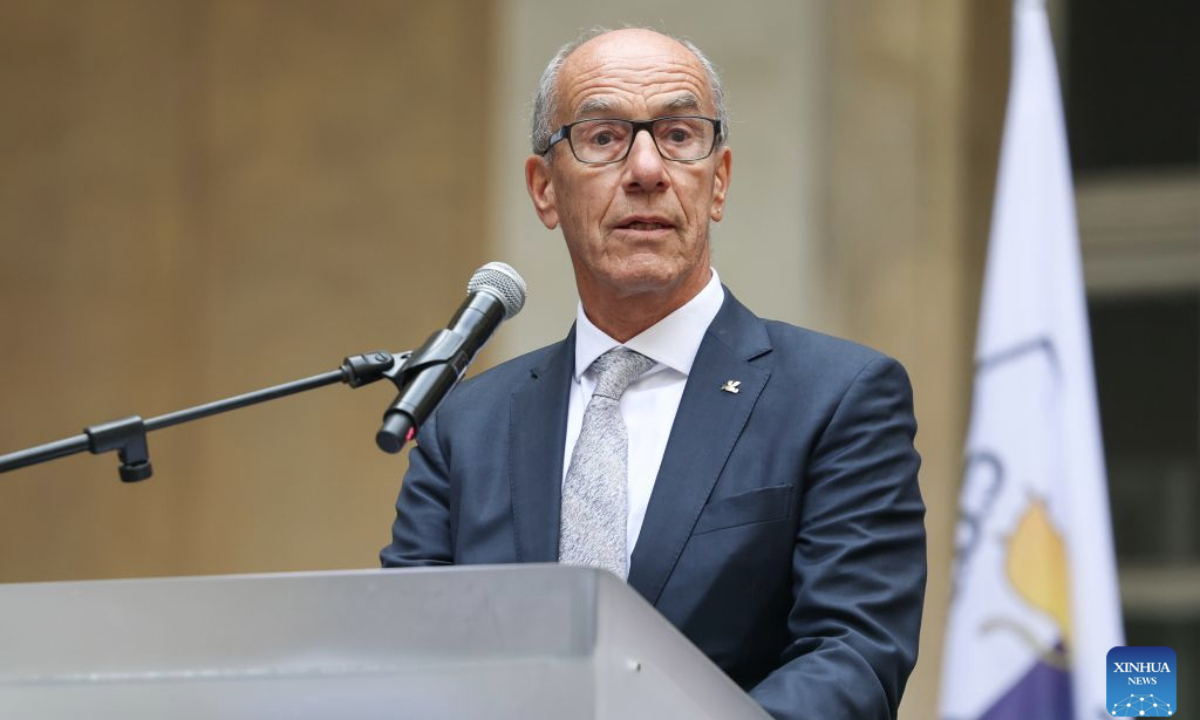 Leonz Eder, president of FISU, delivers a speech during the flame collection ceremony for the Changchun 2027 Winter Universiade in Turin, Italy, Oct. 8, 2026. (Xinhua/Wang Kaiyan)