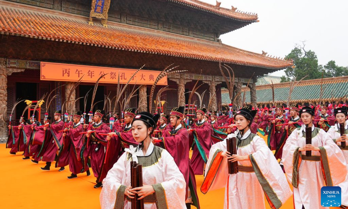 Actors dressed in traditional attire perform during a grand ceremony honoring Confucius in Qufu, east China's Shandong Province, Sept. 28, 2026. A grand ceremony honoring the ancient Chinese sage Confucius was held on Monday in Qufu, the hometown of Confucius, to commemorate the 2,577th anniversary of his birth. (Xinhua/Zhu Zheng)