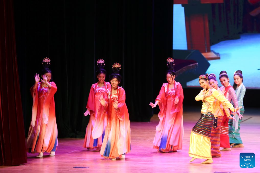 Dancers perform during the opening ceremony of the Weekly Cinema, Shared Stories Film Exhibition at the National Theater in Yangon, Myanmar, Aug. 9, 2026. (Xinhua/Myo Kyaw Soe)