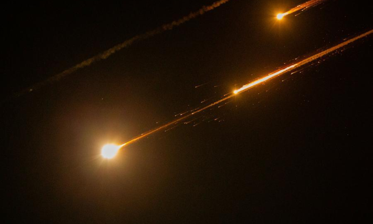 Bright Traces are seen over Jerusalem during missile attacks launched by Iran to Israel, on June, 13, 2025. (Xinhua/Chen Junqing)
