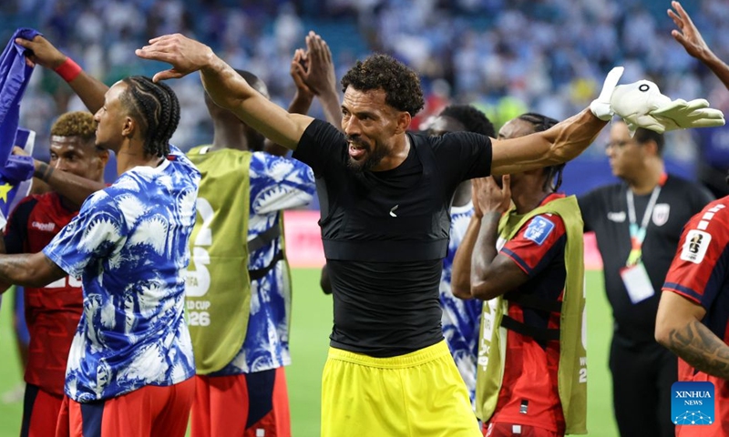 Vozinha (front), goalkeeper of Cape Verde, reacts after the group H match between Uruguay and Cape Verde at the 2026 FIFA World Cup at Miami Stadium, Miami, the United States, June 21, 2026. (Xinhua/Zhang Chen)
