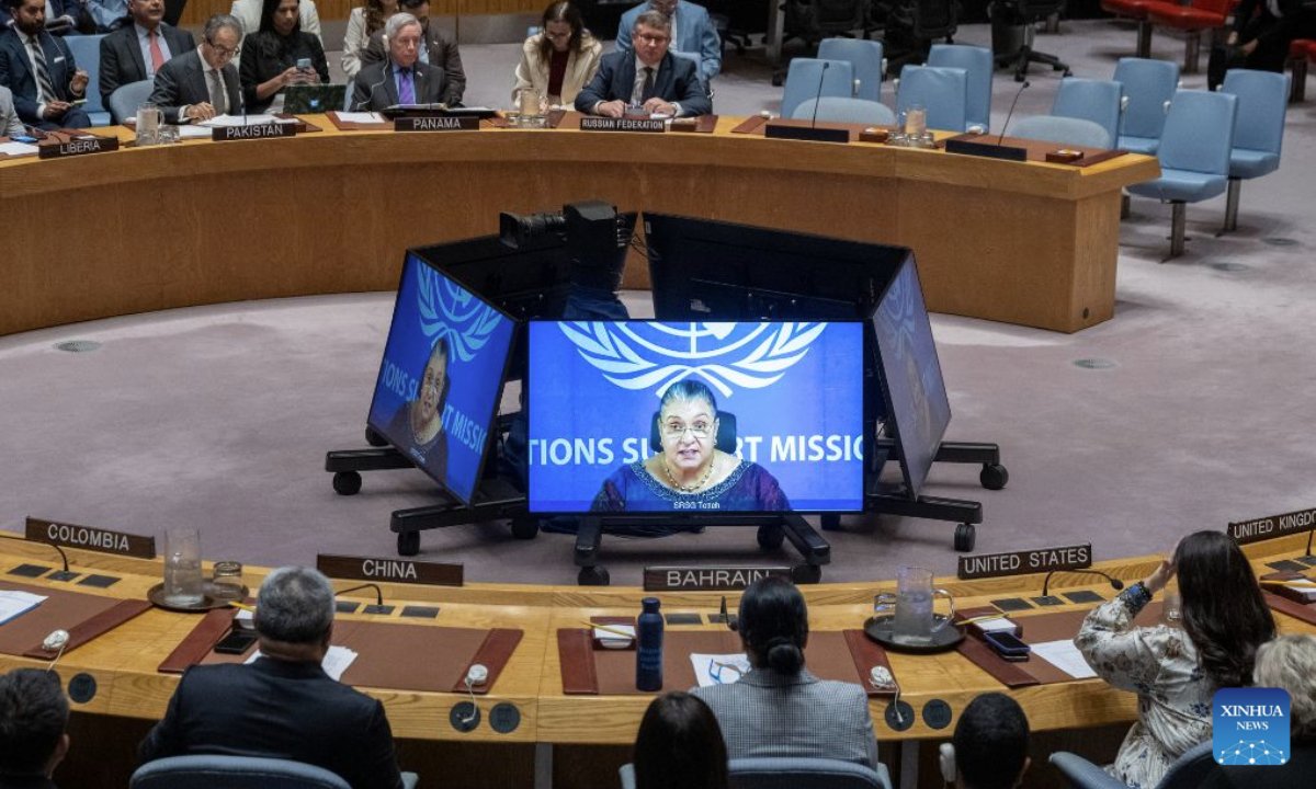 The UN secretary-general's special representative for Libya and head of the UN Support Mission in Libya, Hanna Tetteh (on screens), speaks via a video link at a Security Council meeting at the UN headquarters in New York, Aug. 18, 2026. Tetteh on Tuesday called for political will to advance the political process in Libya. (Eskinder Debebe/UN Photo/Handout via Xinhua)