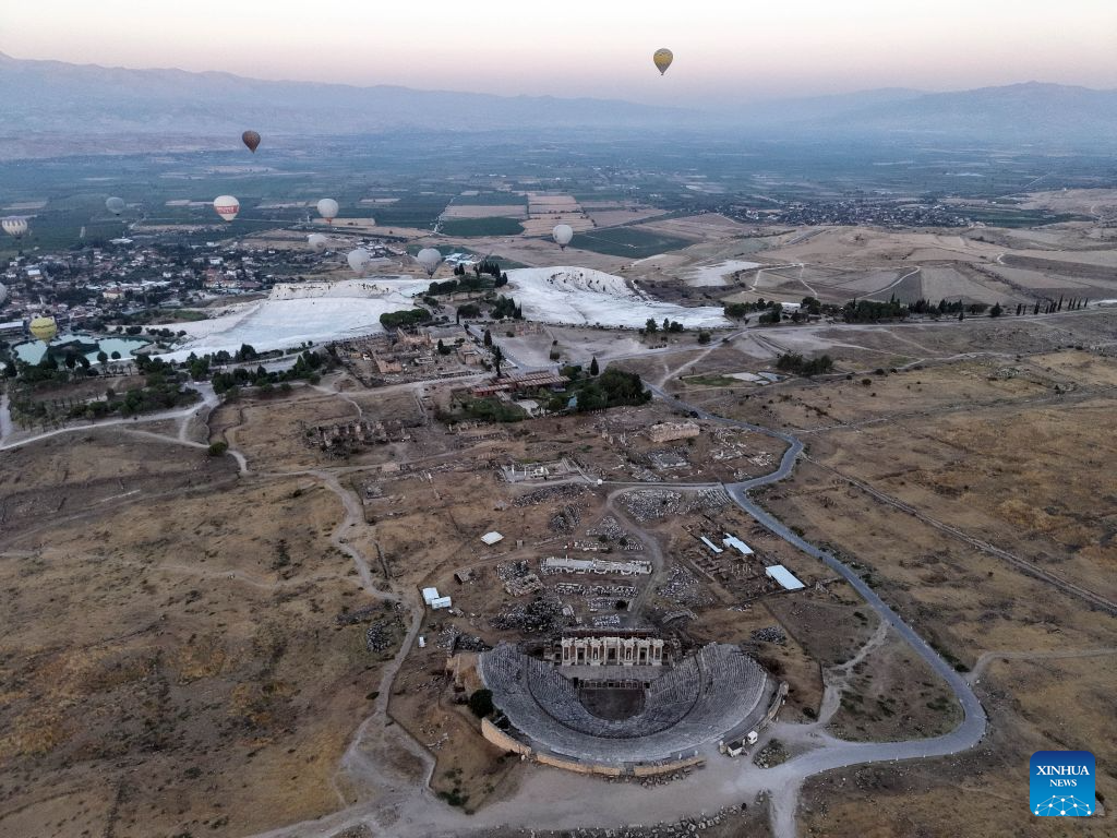 An aerial drone photo taken on Aug. 25, 2026 shows the ruins of the ancient city of Hierapolis in Denizli, Türkiye. The ruins of Hierapolis was listed as a UNESCO World Heritage Site in 1988. (Mustafa Kaya/Handout via Xinhua)
