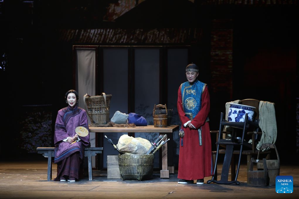 Artists stage a drama during the 2026 Tianjin Theatre Festival in Tianjin, north China, Sept. 20, 2026. The festival kicked off here on Sunday. A total of 99 plays and 421 performances will be staged during the event. (Xinhua/Sun Fanyue)