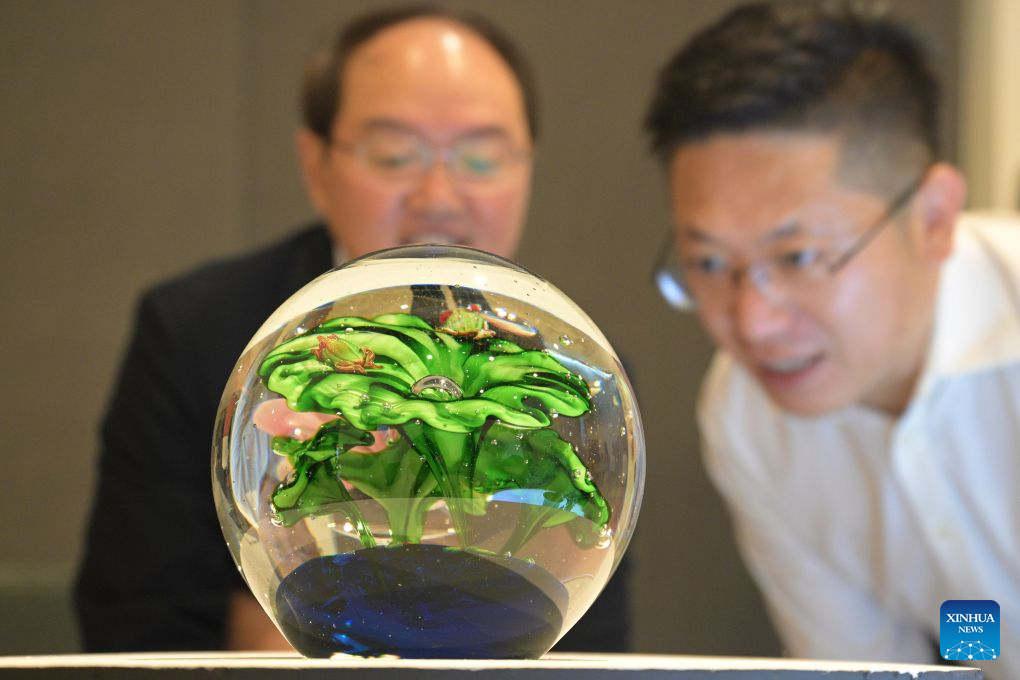 A Liuli artwork is on display at the opening ceremony of Radiant Splendor - The Artistry of Zibo Liuli (Glass) exhibition held in Singapore's China Cultural Centre on Sept. 16, 2026. The exhibition will be held here from Sept. 17 to Oct. 31. (Xinhua/Then Chih Wey)