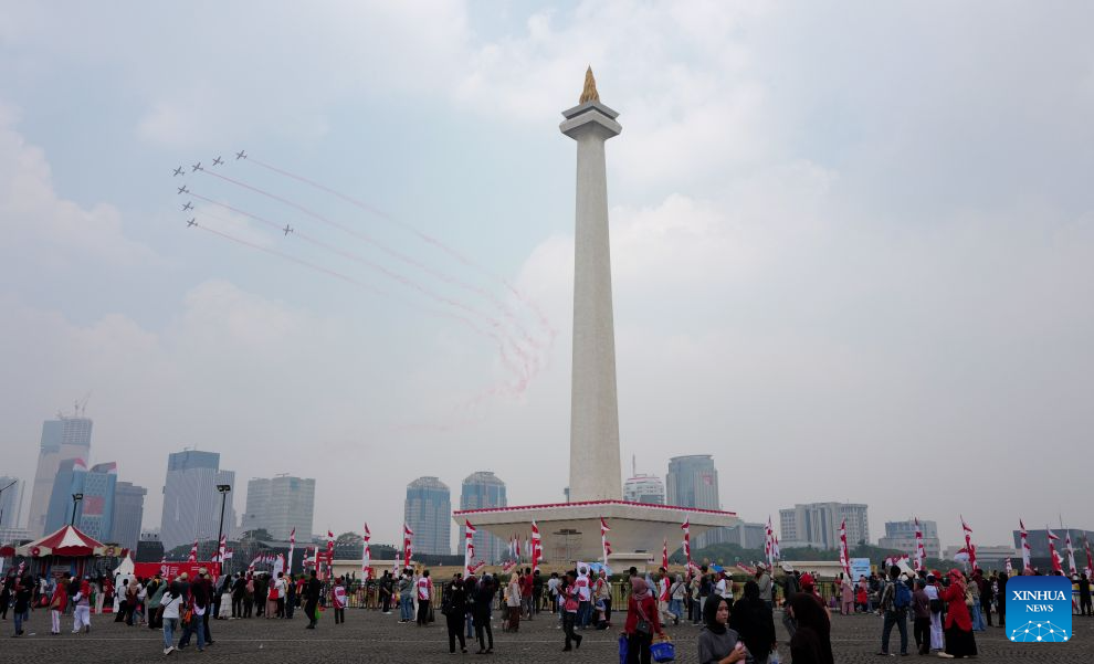 Aircraft of Indonesia Air Force perform during a celebration event of the 81st anniversary of the founding of the Republic of Indonesia in Jakarta, Indonesia, Aug. 17, 2026. (Xinhua/Cen Yunpeng)