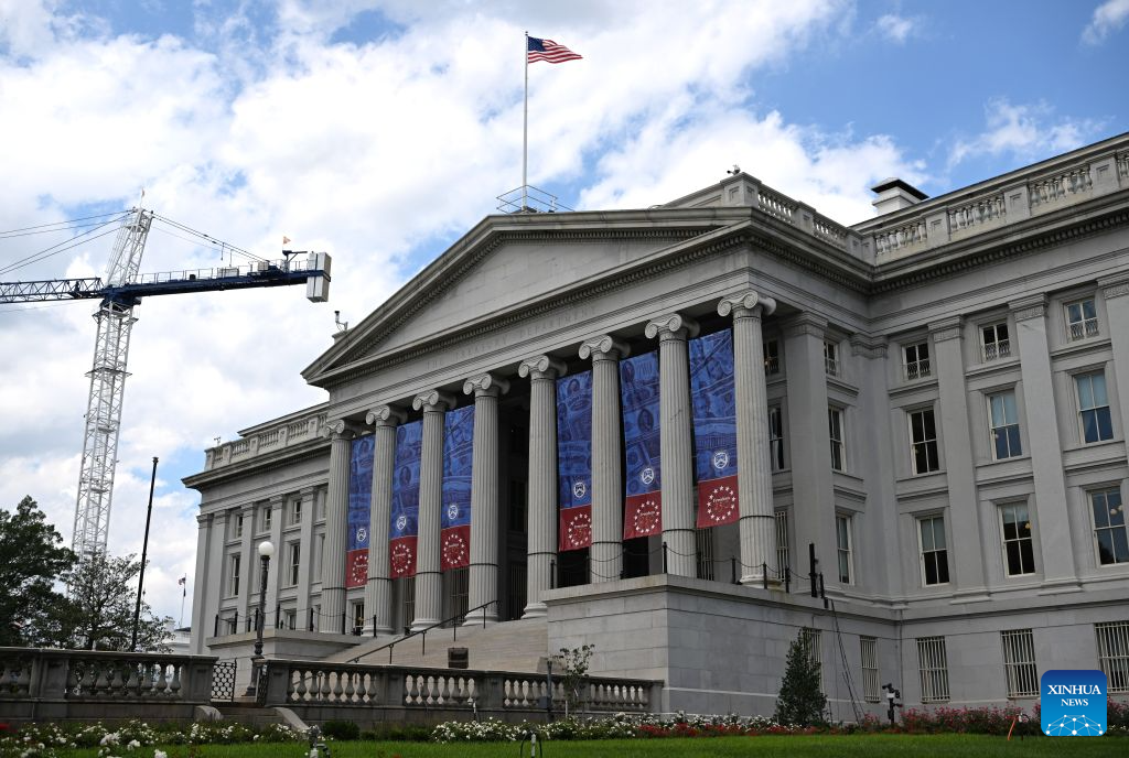 This photo taken on Aug. 24, 2026 shows the U.S. Department of the Treasury in Washington, D.C., the United States. U.S. Treasury Secretary Scott Bessent on Monday threatened Iran with an economic D-Day, announcing a wave of new sanctions aimed at further isolating the country. (Xinhua/Li Rui)