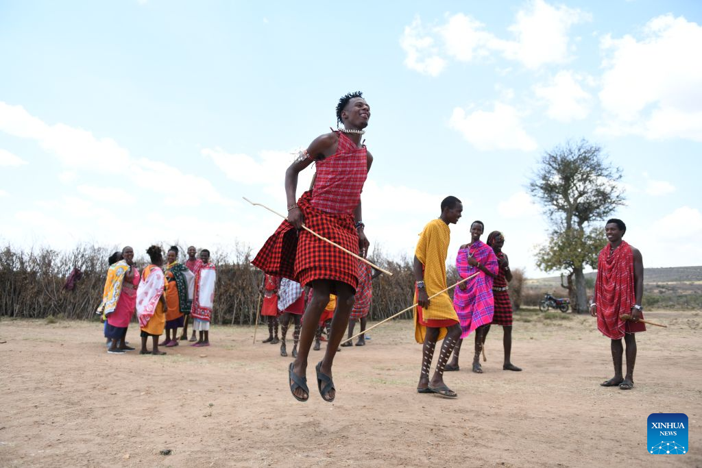 Maasai villagers perform traditional dance at a village around the Maasai Mara National Reserve in Narok, Kenya, on Aug. 12, 2026.

The Maasai, one of the major tribes in Kenya, are still living a nomadic lifestyle. As local tourism develops, Maasai people have opened their villages to tourists to increase their income. (Xinhua/Liu Qiong)