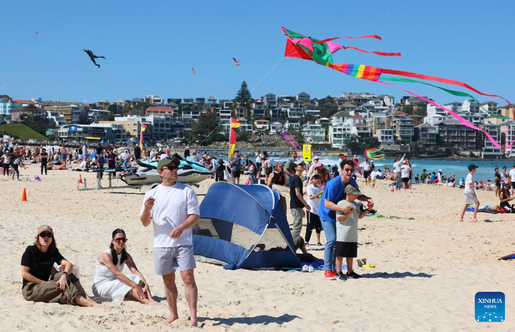 People fly kites during Australia's annual kite festival, the Festival of the Winds, at Bondi Beach in Sydney, Australia, Sept. 13, 2026. (Xinhua/Gong Bing)